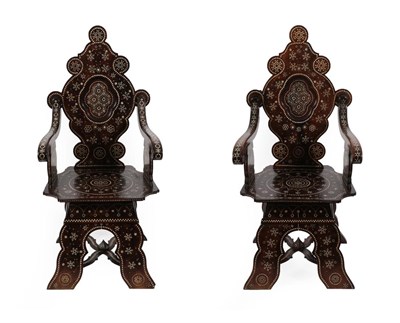 Lot 389 - A Pair of Islamic Style Bone Inlaid Walnut Armchairs, probably North Italian, late 19th...