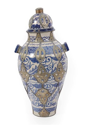 Lot 393 - A White Metal Mounted Faience Jar and Cover, late 19th century, of baluster form with semi-circular