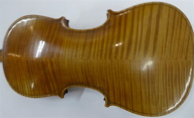 Lot 3008 - Violin 13 1/4'' two piece back, ebony fingerboard, no label, cased with two bows