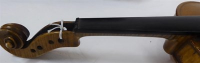 Lot 3008 - Violin 13 1/4'' two piece back, ebony fingerboard, no label, cased with two bows
