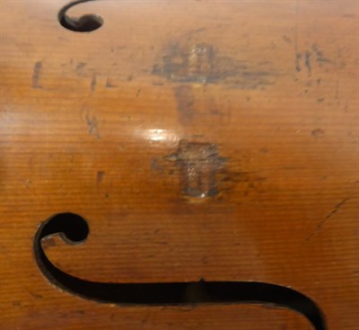 Lot 3021 - Violin 14 1/8'' two piece back, ebony fingerboard, no label, in coffin case with bow