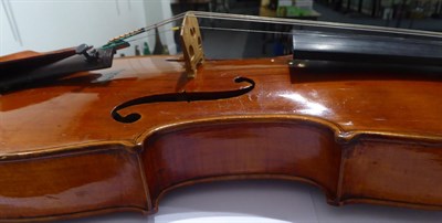 Lot 3024 - Violin 14'' one piece back, ebony fingerboard and pegs, no label, cased with bow