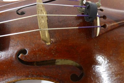 Lot 3032 - Violin 14'' two piece back, with label 'Kaiming Violins No,079' cased with three bows