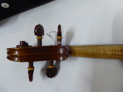 Lot 3032 - Violin 14'' two piece back, with label 'Kaiming Violins No,079' cased with three bows