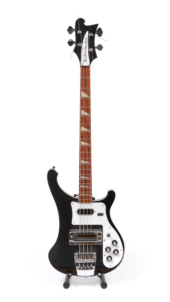 Lot 3042 - Rickenbacher Model 4003 Bass Guitar, black body, white scratchplate, two pickups, two tone...