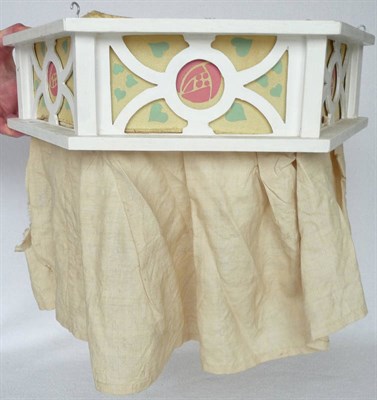 Lot 1487 - An Arts & Crafts Octagonal White Painted Wood and Silk Pendant Shade, the silk painted with...