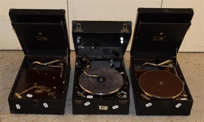 Lot 3105 - An HMV Model 101 Portable Gramophone, lacking soundbox, in black case; a Columbia 202, no soundbox