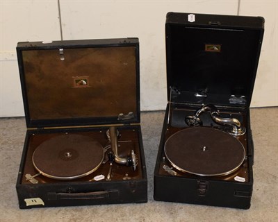 Lot 3106 - An HMV Model 102 Portable Gramophone, with 5A soundbox, in black case; and an HMV model 99 portable