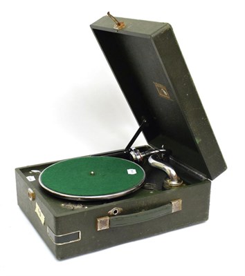 Lot 3109 - An HMV Model 97C Portable Gramophone, in green, with 10-inch turntable, speed regulator,...