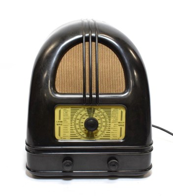 Lot 3124 - Philco 444 Peoples Set Radio black Bakelite case with twin band dial (G, with replacement back...