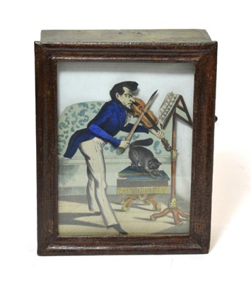 Lot 3135 - Automated Music Box with card figure playing the violin and tapping foot to front of glazed...
