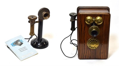 Lot 3148 - Wall Mounted Telephone with Bakelite ear piece, brass dial and external bells; together with a...