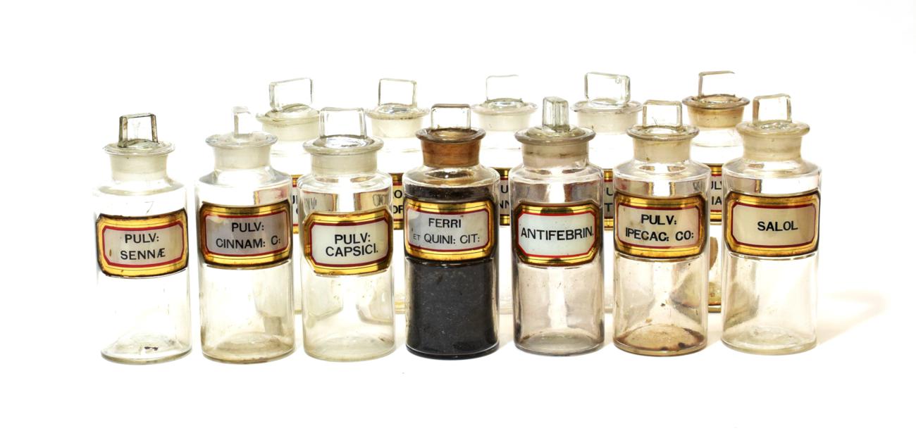 Lot 3162 - Pharmacy Bottles a collection of 12 clear glass examples with gold bordered labels 6 1/2''...