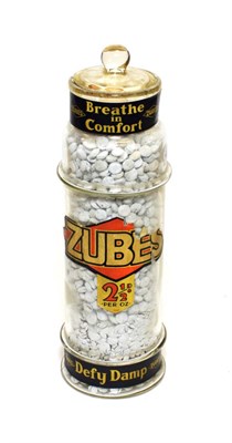 Lot 3164 - Zubes Glass Dispensing Jar with 'Breathe in Comfort' label to top, 'Zubes 2 1/2d per oz.' to middle