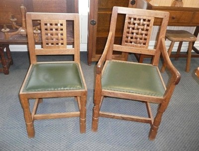 Lot 1497 - A Matched Set of Five (4+1) Robert "Mouseman" Thompson Oak Lattice Back Dining Chairs,...