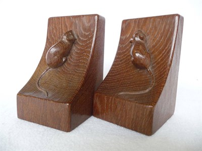 Lot 1501 - A Pair of Robert "Mouseman" Thompson Oak Bookends, each with single carved mouse, 15cm (good...