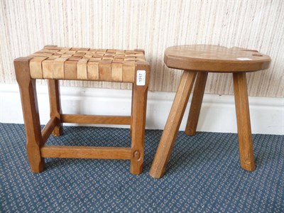 Lot 1517 - An Alan Grainger Acorn Industries Oak Stool, with lattice leather top, on four turned legs...