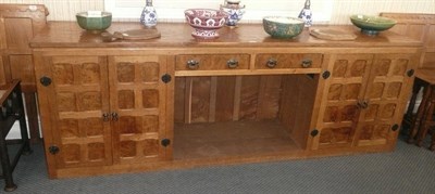 Lot 1518 - A Sid Pollard Oak Sideboard, the adzed top over two drawers with burr oak fronts flanked by two...