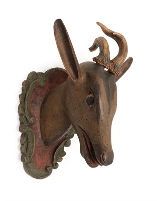 Lot 269 - Antlers/Horns: An Austro-German Carved Wood Head of a Roebuck, circa 18th/19th century, a...