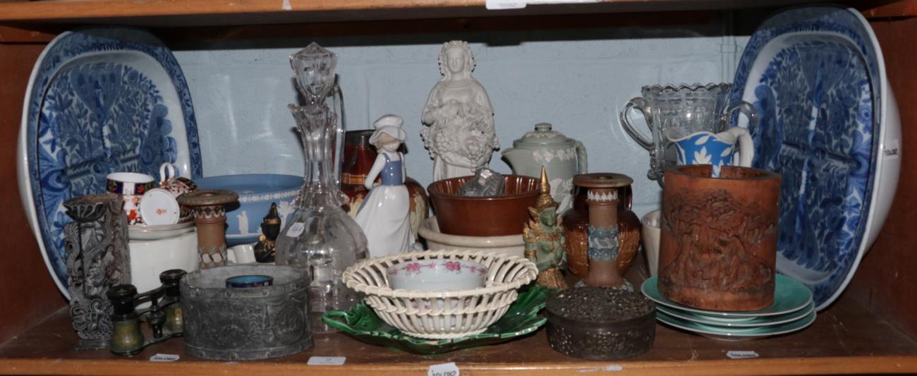 Lot 2 - A quantity of decorative ceramics including: Doulton Lambeth earthenware jug (a.f.), a pair of blue