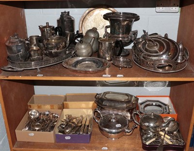 Lot 3 - A large quantity of silver plated wares including wine-cooler, teapots, trays, meat dishes,...