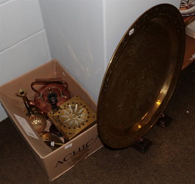 Lot 10 - Large Eastern brass tray, copper kettle, brass trivet etc