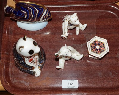Lot 52 - A Royal Crown Derby Imari palette Panda paperweight; an Angel Fish; two Bears and a trinket box (5)