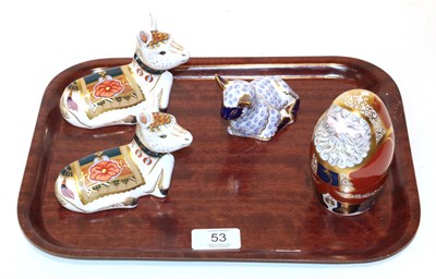 Lot 53 - A Royal Crown Derby Imari palette Father Christmas paperweight; with two Donkey Foals; and a...