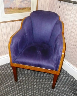 Lot 1536 - A Pair of Art Deco Bird's Eye Maple Cloud Tub Chairs, upholstered in blue suede, unmarked, 85cm