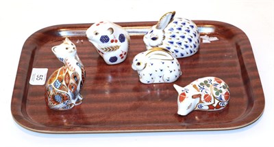 Lot 55 - A Royal Crown Derby Imari palette Field Mouse paperweight; with two Rabbits; a piglet; and a...