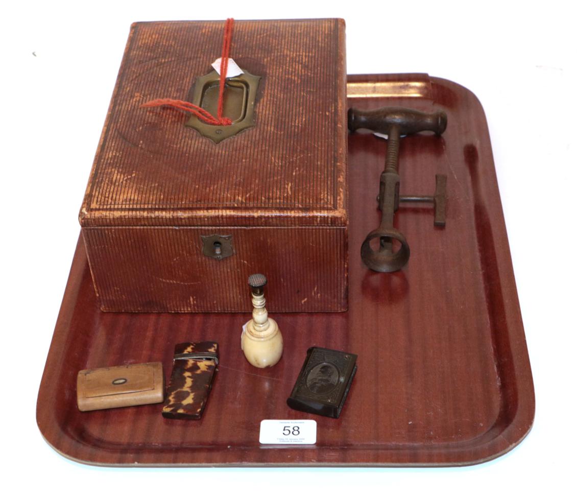 Lot 58 - A leather correspondence box; a 19th century corkscrew; a bone desk seal; a tortoiseshell...
