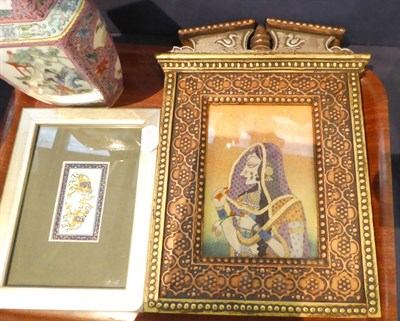 Lot 94 - An Indian gemstone picture in panel gilt frame; a modern Chinese famille verte vase; and three...