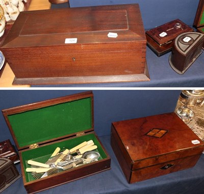 Lot 124 - Five 19th century and later, mahogany walnut and other boxes and a small group of plated flatware