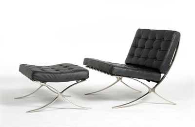 Lot 1543 - A Modern Ludwig Mies van der Rohe Barcelona Chair and Ottoman, black leather padded cushions on...