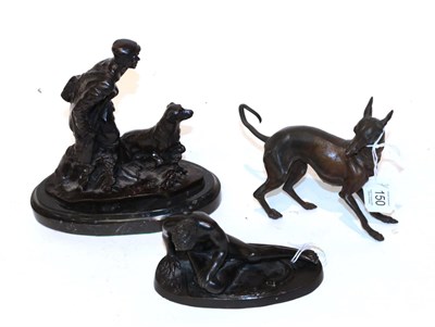 Lot 150 - A bronze figure of a hunter and a dog, signed Mene; a bronze figure of a classical male; and a...