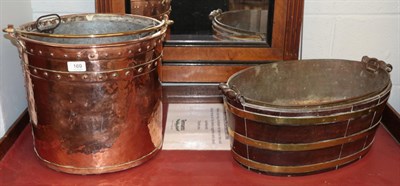 Lot 169 - A 19th century copper log bucket with brass swing handle; together with a brass coopered oak...