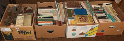 Lot 189 - Three boxes of books and a box of tins and artist's palettes etc