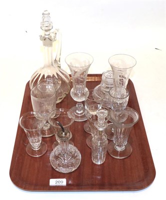 Lot 209 - 18th and 19th century glass to include a pair of thistle form champagnes; a silver topped oil...