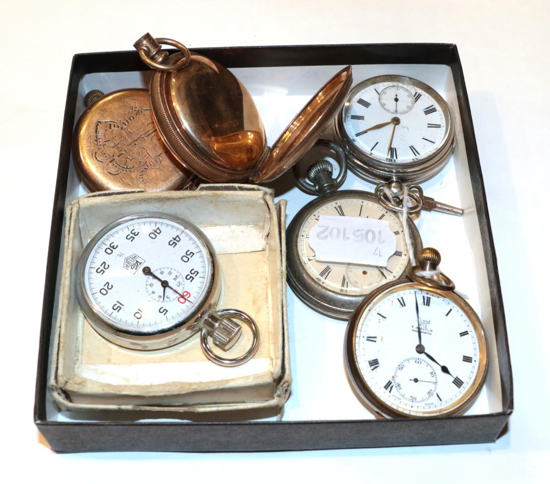 Lot 213 - Tag Heuer stop watch (boxed), Silver open faced pocket watch, Limit gun metal open faced pocket...