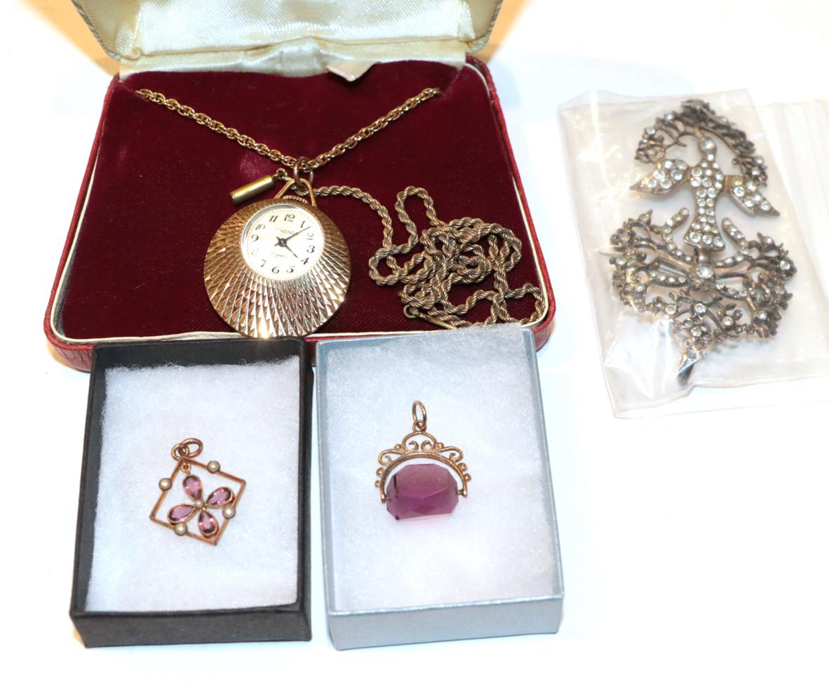 Lot 236 - A 9 carat gold amethyst swivel fob; an amethyst and split pearl pendant, unmarked, length...