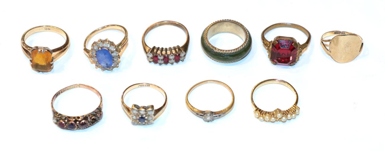 Lot 241 - Two 9 carat gold rings; two rings stamped '9CT'; and six other rings, unmarked (all a.f.)