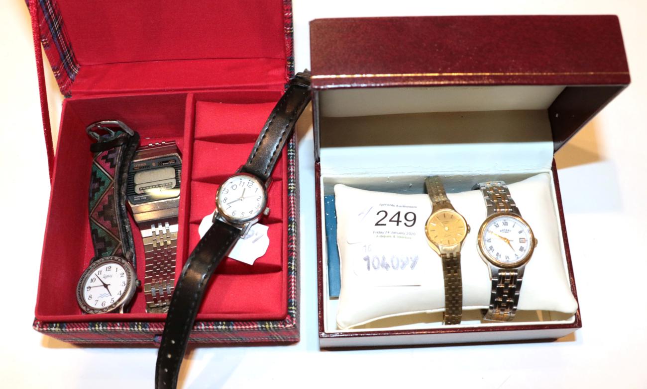 Lot 249 - A Rotary lady's wristwatch on stainless strap; with four other watches (5)