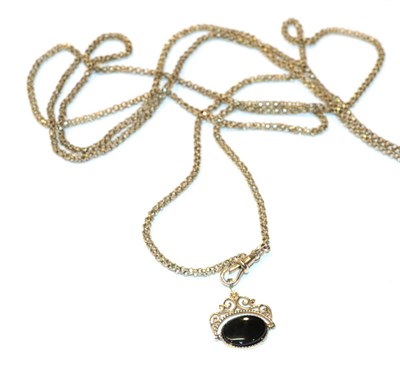 Lot 259 - A guard chain, with applied plaque stamped '9CT'; and a 9 carat gold onyx swivel fob