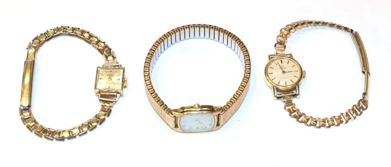 Lot 262 - A lady's Rotary wristwatch, a lady's Omega de Ville and another wristwatch and an Omega box