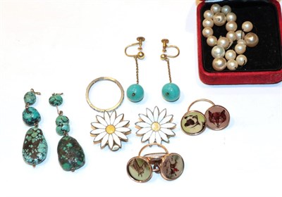 Lot 264 - A pair of turquoise matrix drops; a diamond eternity ring (a.f.); buttons; a pair of daisy...