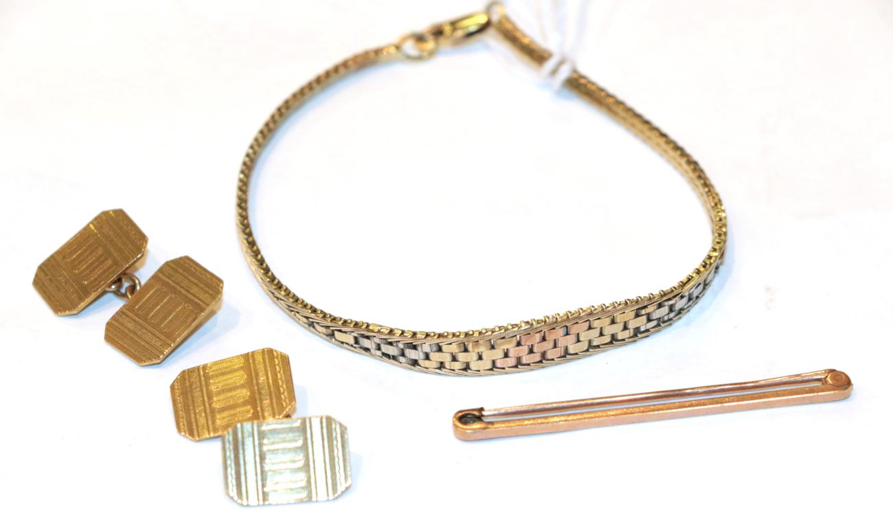 Lot 274 - A three-colour bracelet, unmarked, length 20cm; a pair of 9 carat gold cufflinks; a tie bar,...