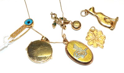 Lot 301 - A locket stamped '14K'; a locket stamped '585'; a pendant and matching brooch, stamped '14K';...