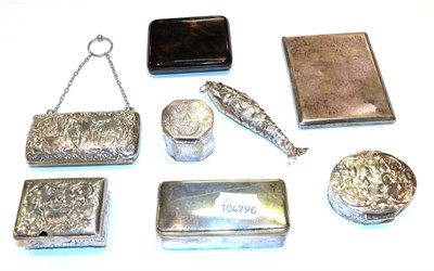 Lot 336 - A collection of various silver boxes and objects of vertu, comprising: an oblong dressing table...