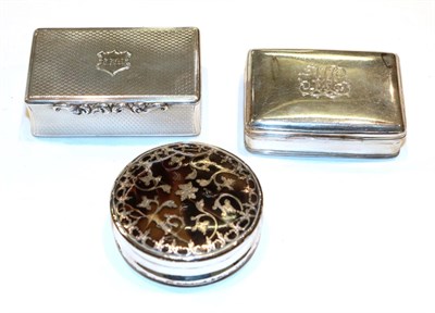 Lot 338 - A George III silver snuff-box; A William IV silver snuff-box and a pique inlaid tortoiseshell...