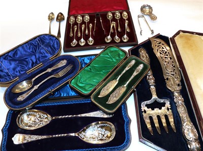 Lot 340 - A quantity of various silver flatware, including: a cased pair of fish-servers; a cased set of...